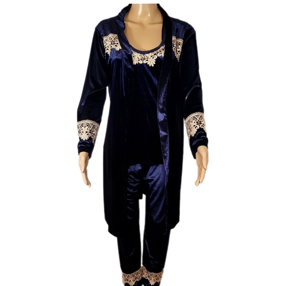 Celine Style Sexy 3 Pieces Pajamas ,Sleepwear Robe Velvet, Blue - Picture 4 of 11